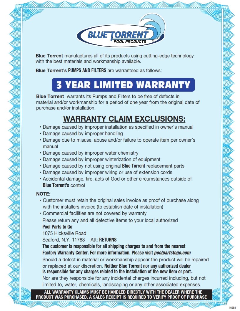 Blue Thunder In Ground Single Speed 2 Inch Ports To Retro-Fit to Most Pentair Whisper Flow Pumps