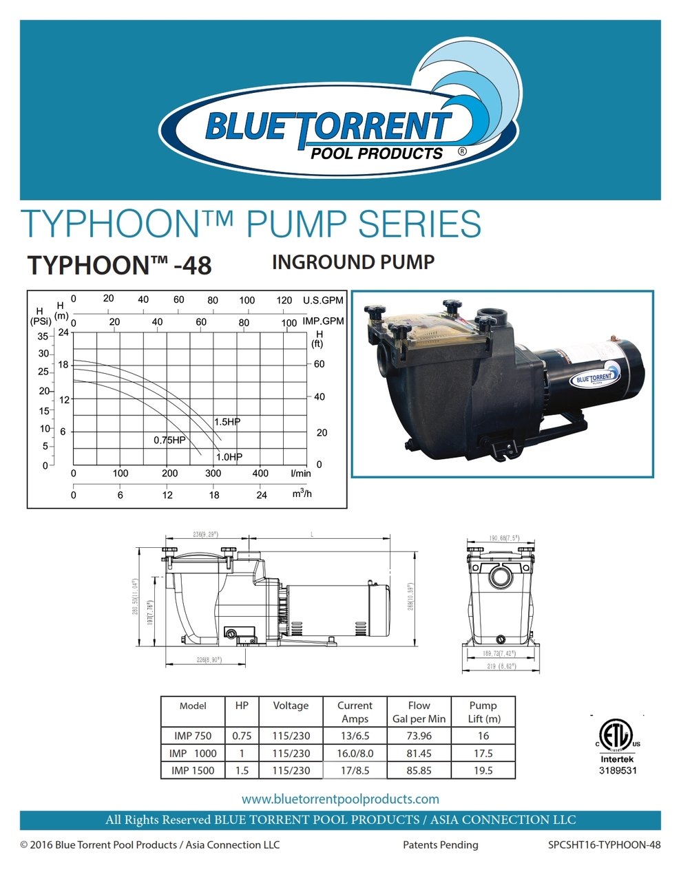 1.5 HP Blue Torrent Typhoon 48 Frame In Ground Pump Drops In For Hayward Super Pump Plumbing