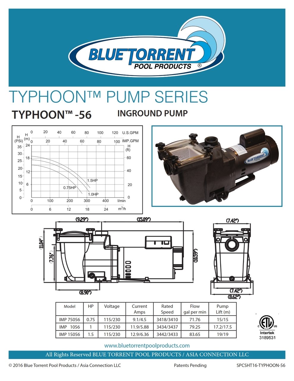 1 HP Blue Torrent Typhoon  56 Frame In Ground Pump Drops In For Hayward Super Pump Plumbing