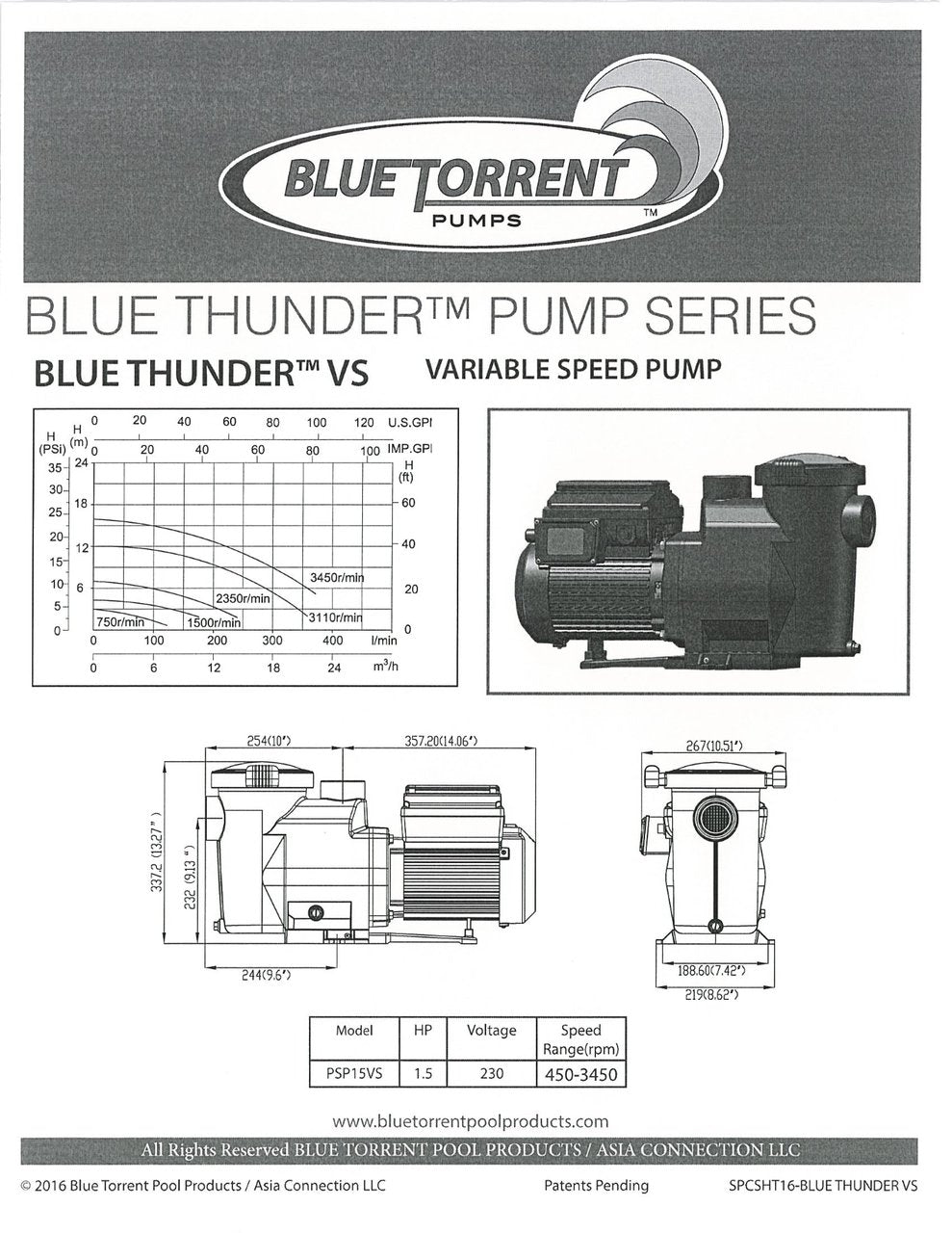 1.5 HP Energy Star Certified Variable Speed In Ground Blue Torrent Thunder PSP Swimming Pool Pump Qualifies for Utility Rebates 2 Inch Threaded Ports Includes 100% Lifetime Warranty